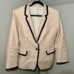 J.Crew Women Beige Linen Ruffle Trim Blazer Jacket Cream Black Size 12